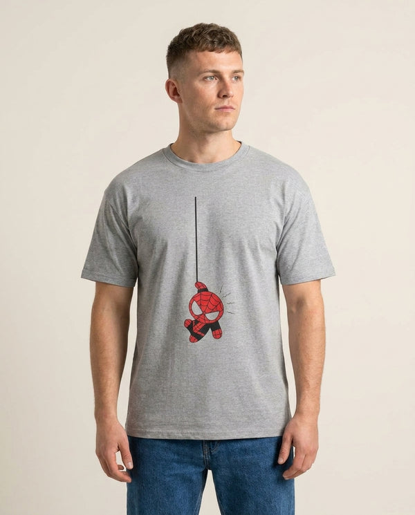 Gray Hanging Spider Hero T-Shirt — Grey Front, worn