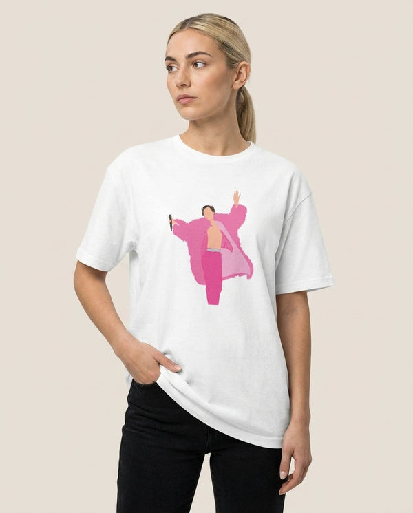 Harry Pink Coat  T-Shirt — White Front, worn