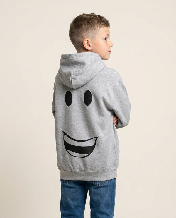 Yellow Face Kids Hoodie — Grey Back, worn