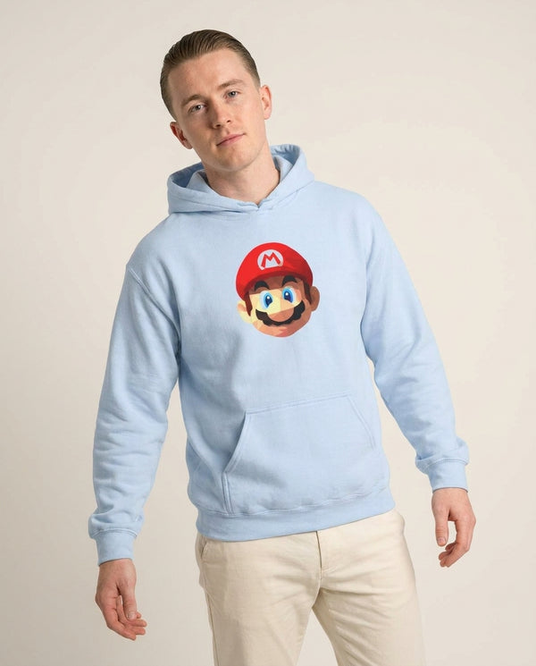 Mario Face - Mario Hoodie — Blue Front, worn