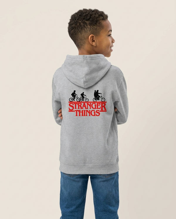 Stranger Cycling Logo Kids Hoodie — Grey Back, worn