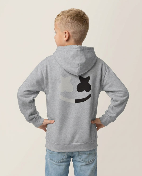 Dual Sides Helmet DJ  Kids Hoodie — Grey Back, worn