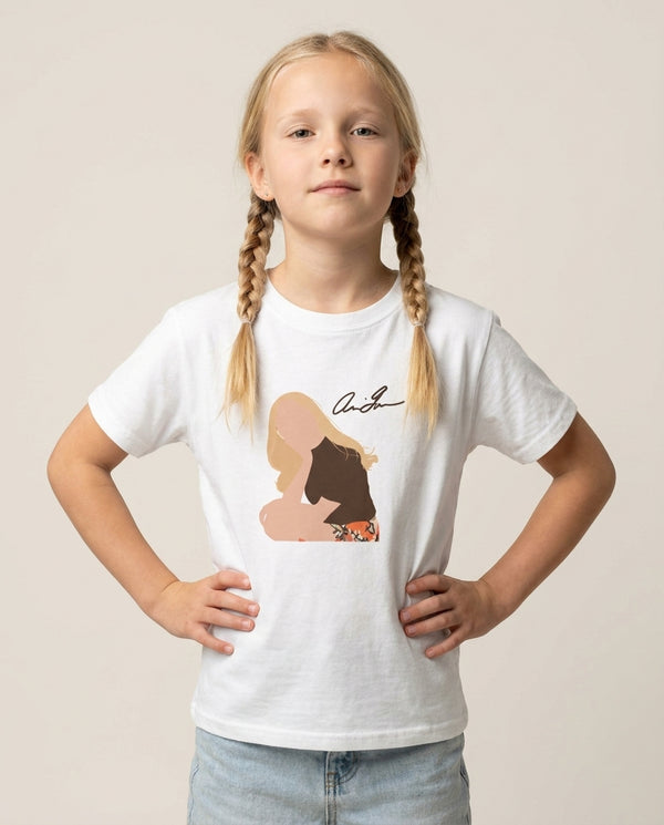 Vintage Pose Kids T-Shirt — White Front, worn