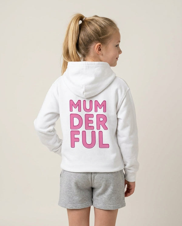 Mumderful Kids Hoodie — White Back, worn