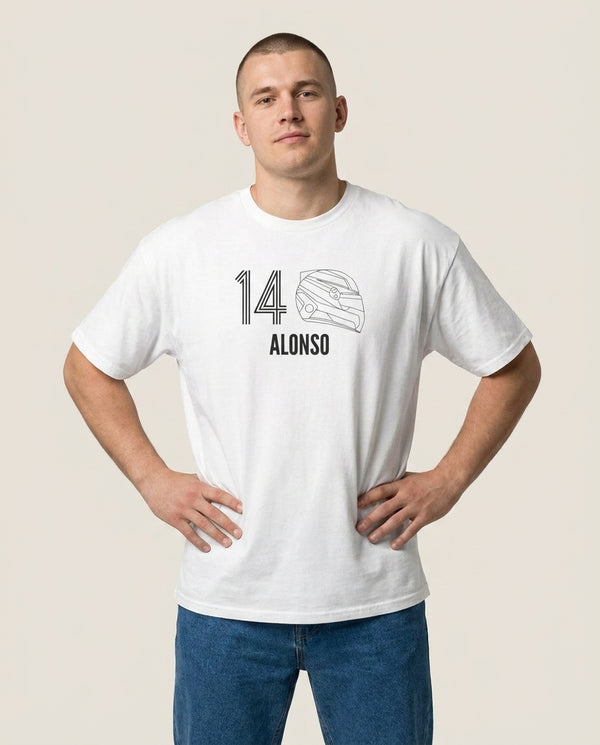 Alonso Helmet 2026 T-Shirt — White Front, worn