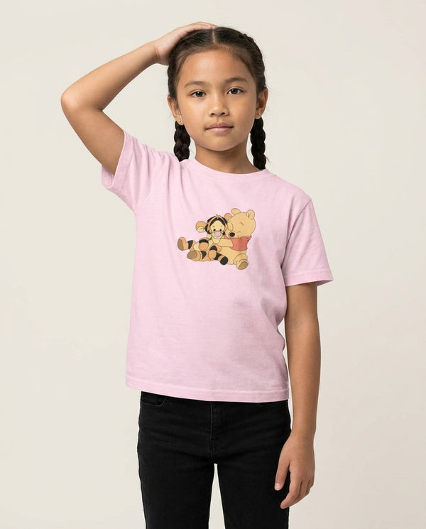 A Hug Said Pooh - Winnie Kids T-Shirt — Pink Front, worn