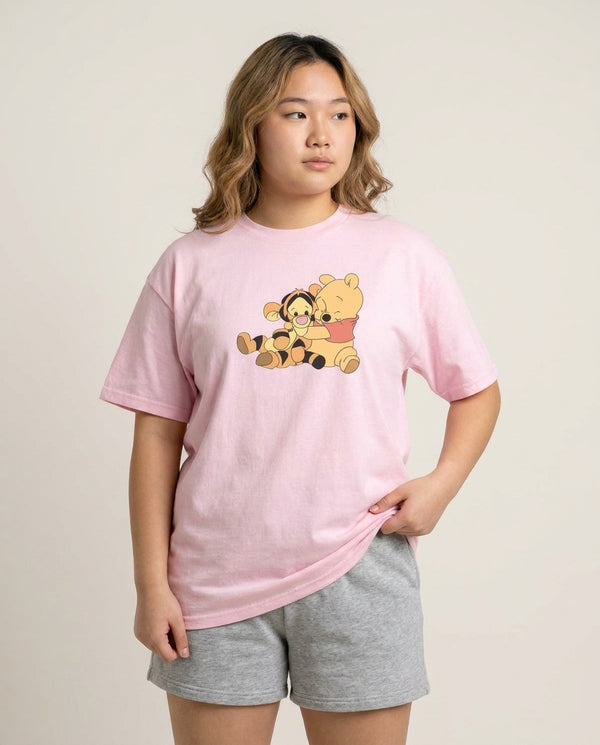 A Hug Said Pooh - Winnie T-Shirt — Pink Front, worn