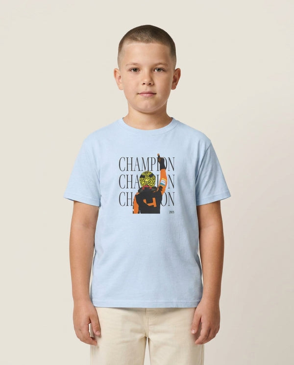 Lando Champion 2025 Kids T-Shirt — Blue Front, worn
