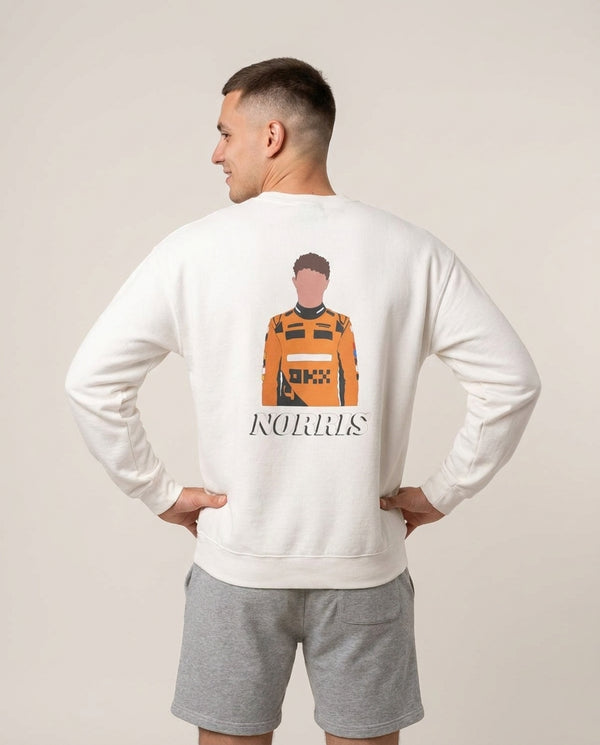 Norris Sweatshirt — White Back, worn