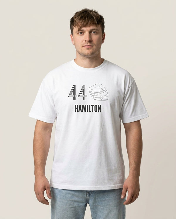 Hamilton Helmet 2026 T-Shirt — White Front, worn