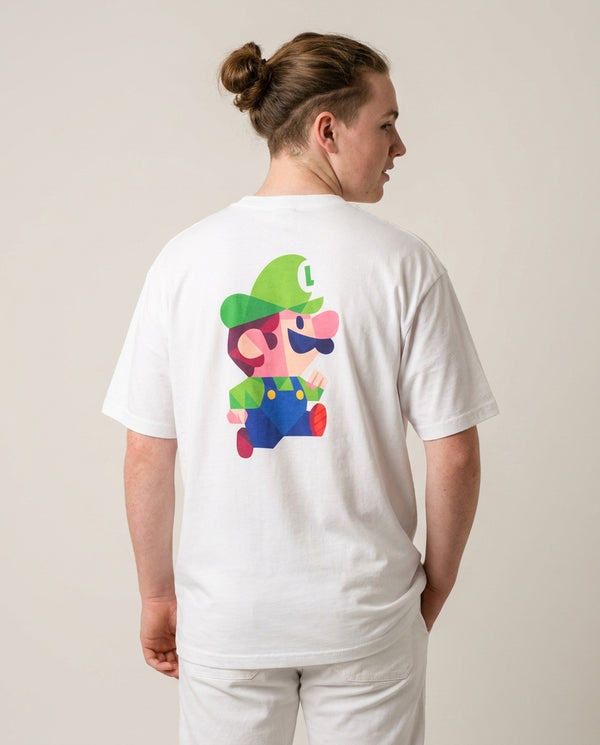 Running Luigi - Mario T-Shirt — White Back, worn