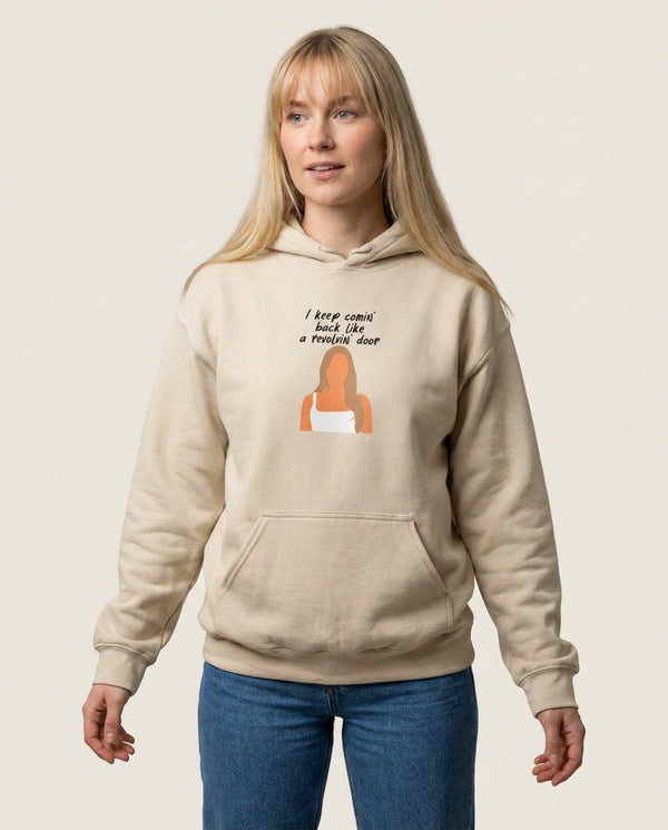 Revolving Door Hoodie — Sand Front, worn