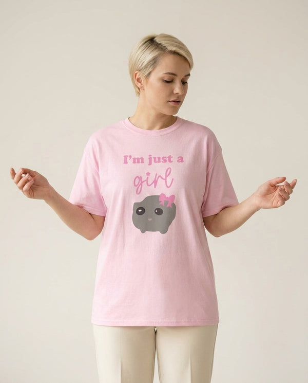 I'm Just A Girl T-Shirt — Pink Front, worn