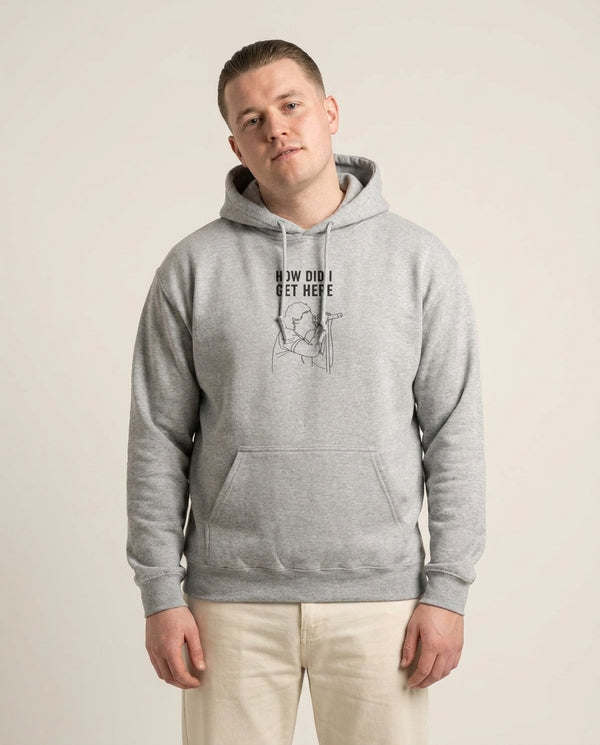 How Did I Get Here Outline Hoodie — Grey Front, worn