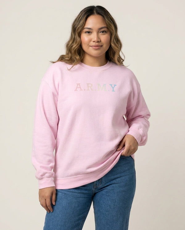 A.R.M.Y - K Pop Sweatshirt — Pink Front, worn