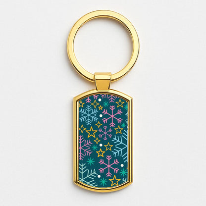Colourful Christmas Symbols Pattern Gold Keyring