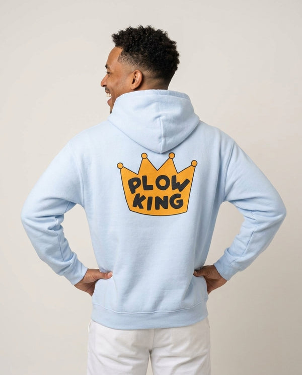 Plow King Hoodie Blue Back, worn