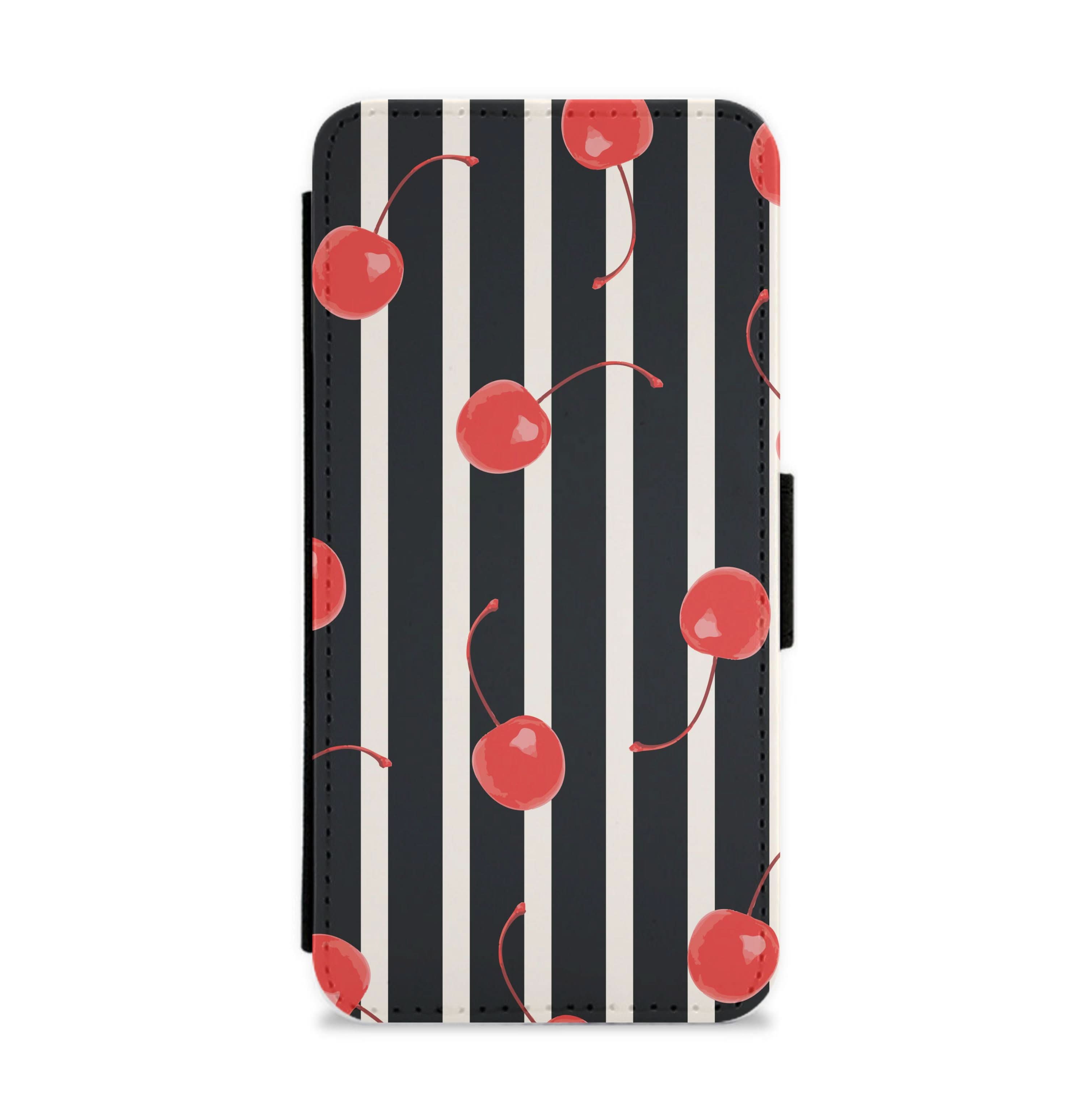 Black And White Stripes With Cherries Flip / Wallet Phone Case