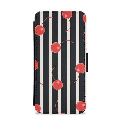 Black And White Stripes With Cherries Flip / Wallet Phone Case