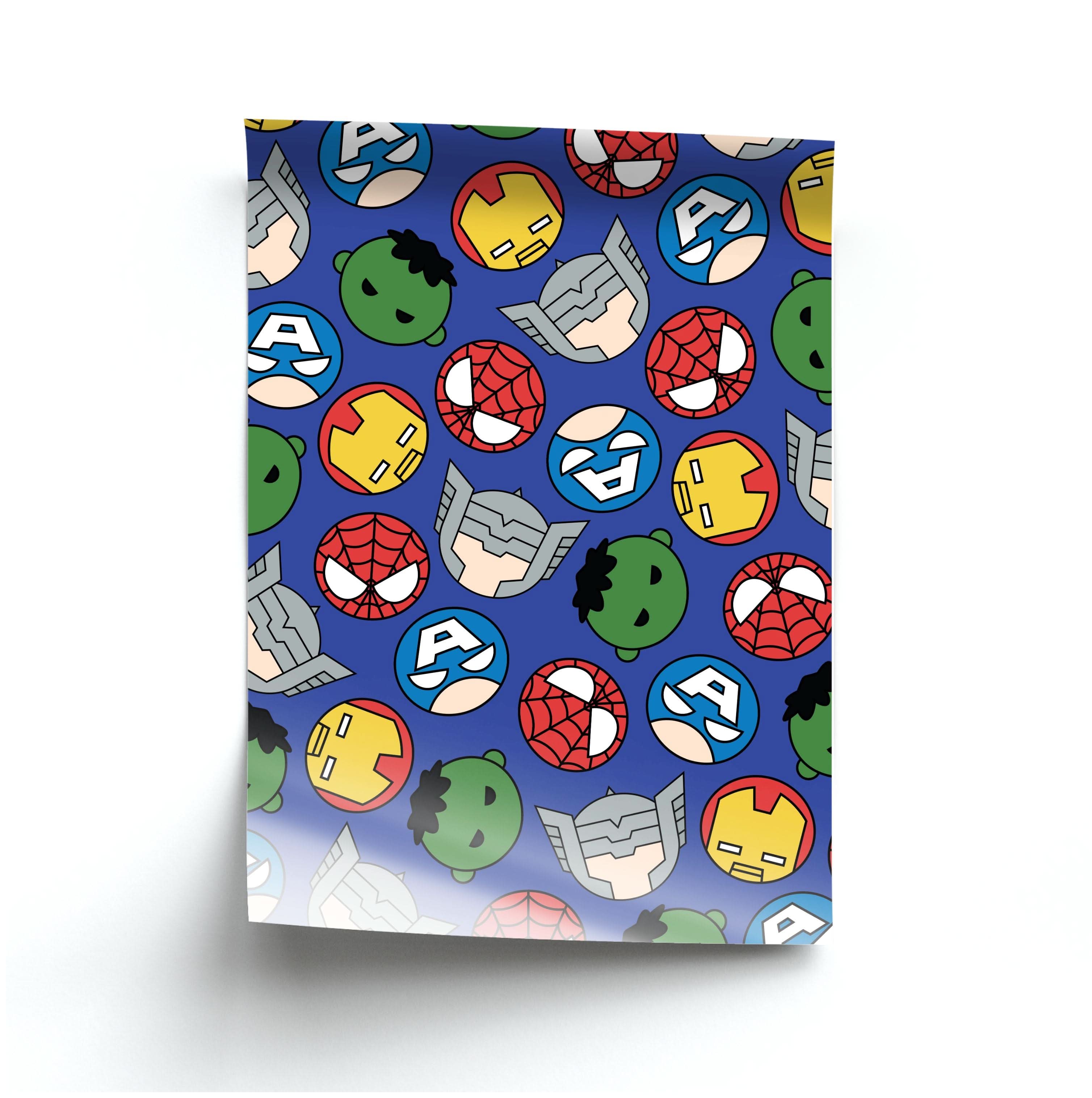 Cute Chibi Heroes Pattern Blue Poster
