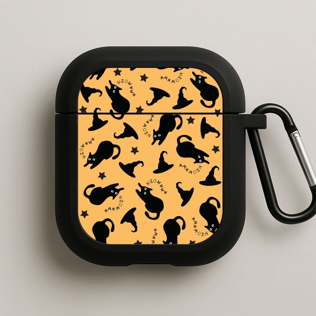 Black Cat And Hats Pattern Black AirPods Case