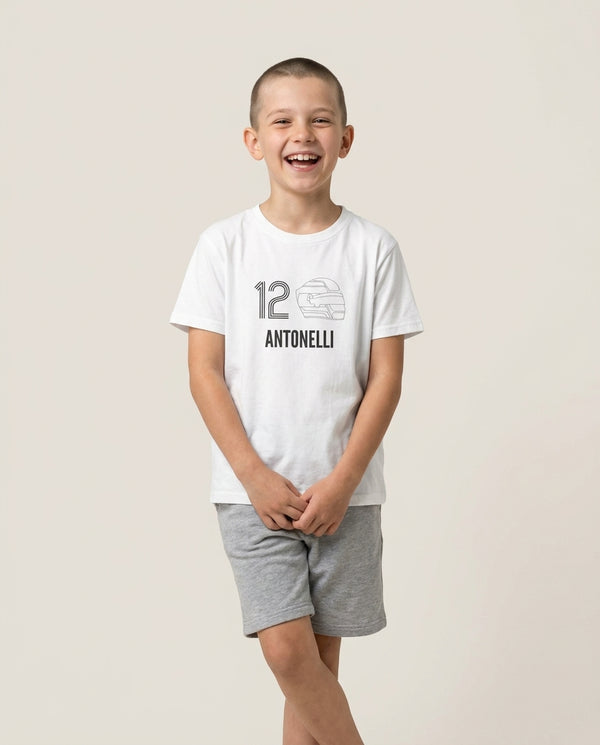 Antonelli Helmet 2026 Kids T-Shirt — White Front, worn