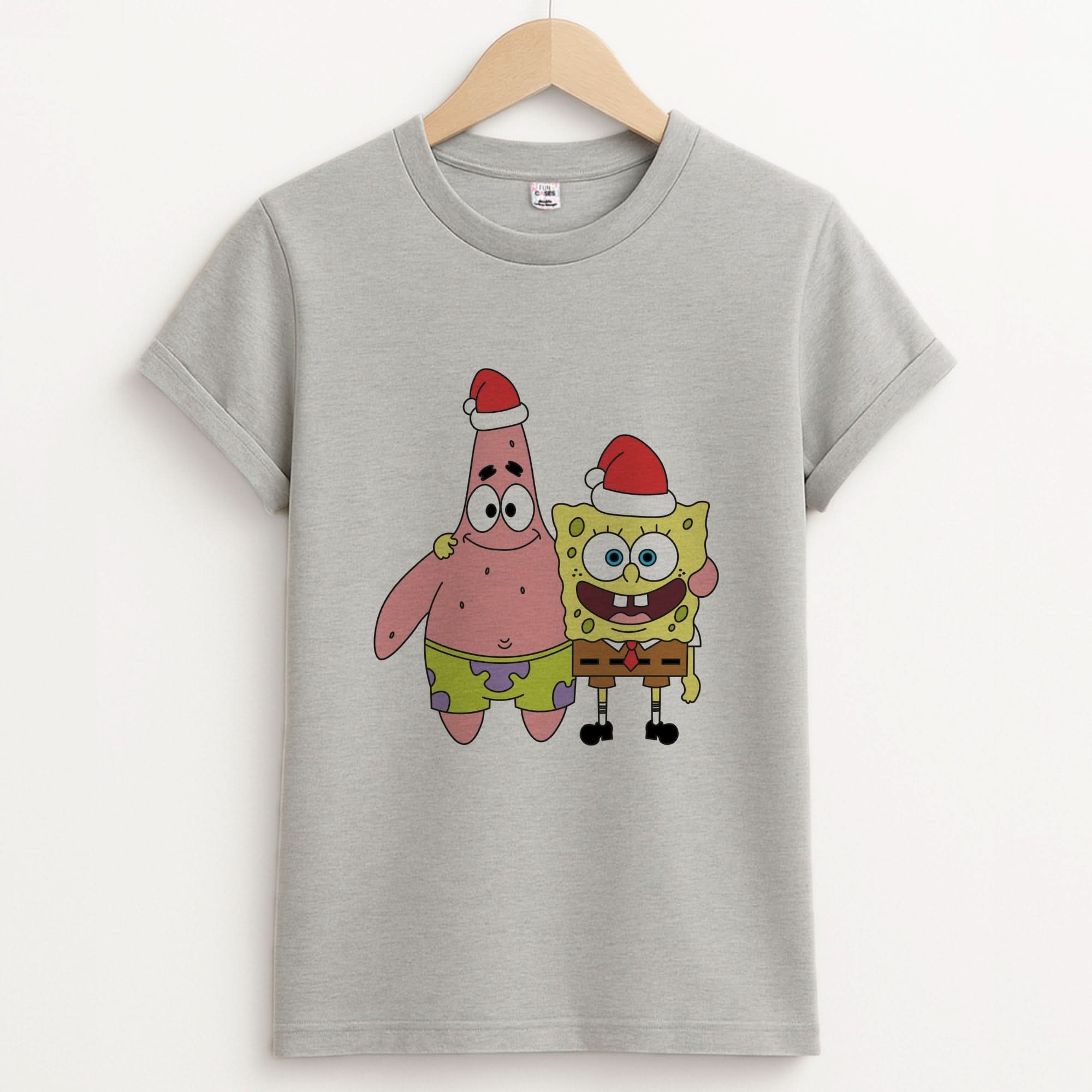 Cartoon Sponge And Starfish Christmas Hats Unisex Grey T-Shirt