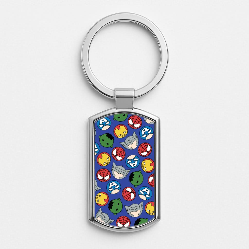 Cute Chibi Heroes Pattern Blue Silver Metal Keyring