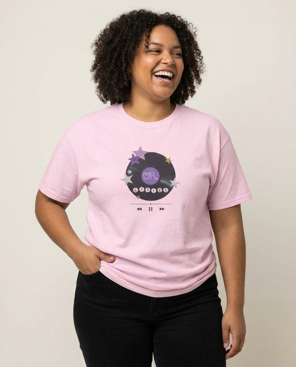 Amethyst Vinyl Scrapbook T-Shirt — Pink Front, worn