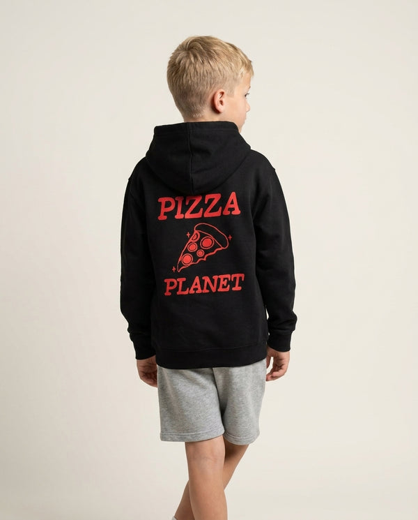 Retro Pizza Planet  Kids Hoodie — Black Back, worn