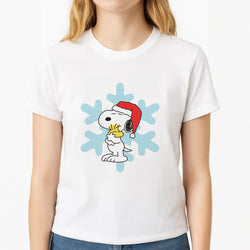 Christmas Cartoon Beagle And Bird  Womens T-Shirt