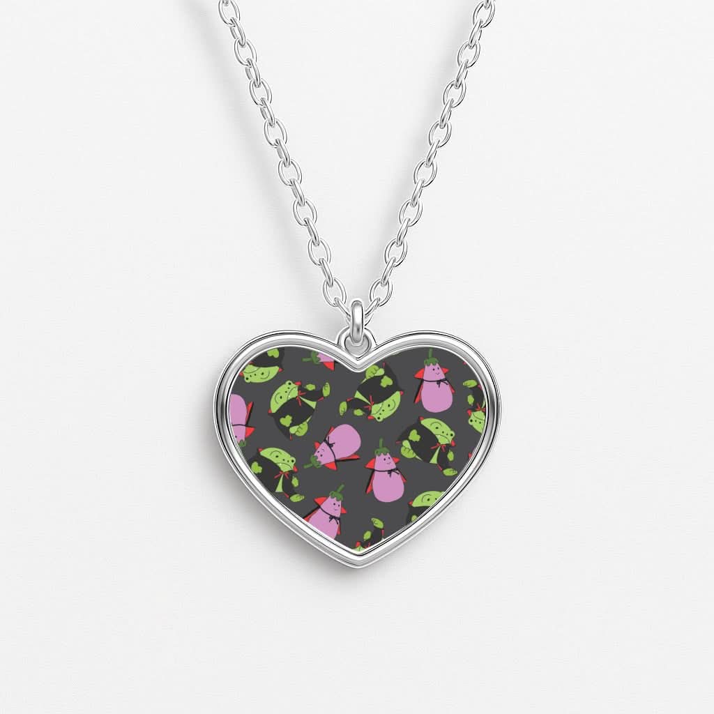 Vampire Frogs And Vegetables Pattern - Halloween Heart Necklace