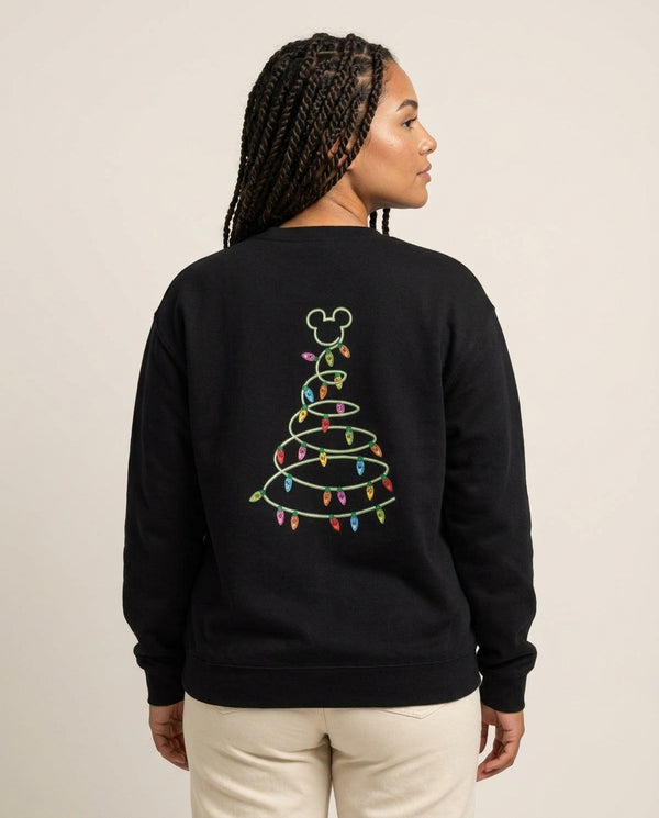 Cartoon Mouse Christmas Tree Lights Sweatshirt — Black Back, worn