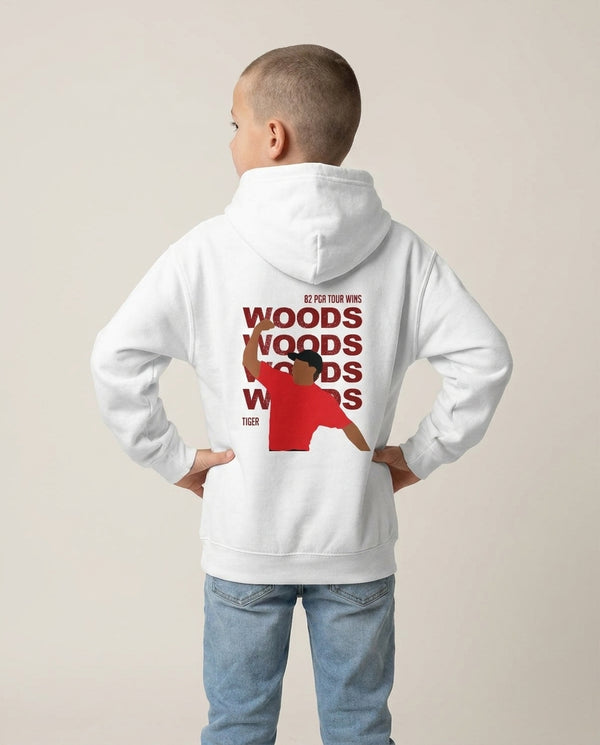 Woods Dark Red Kids Hoodie — White Back, worn