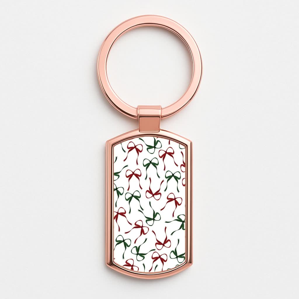 Red And Green Coquette Christmas Bows Pattern Rose Gold Keyring