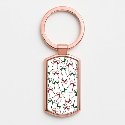 Red And Green Coquette Christmas Bows Pattern Rose Gold Keyring