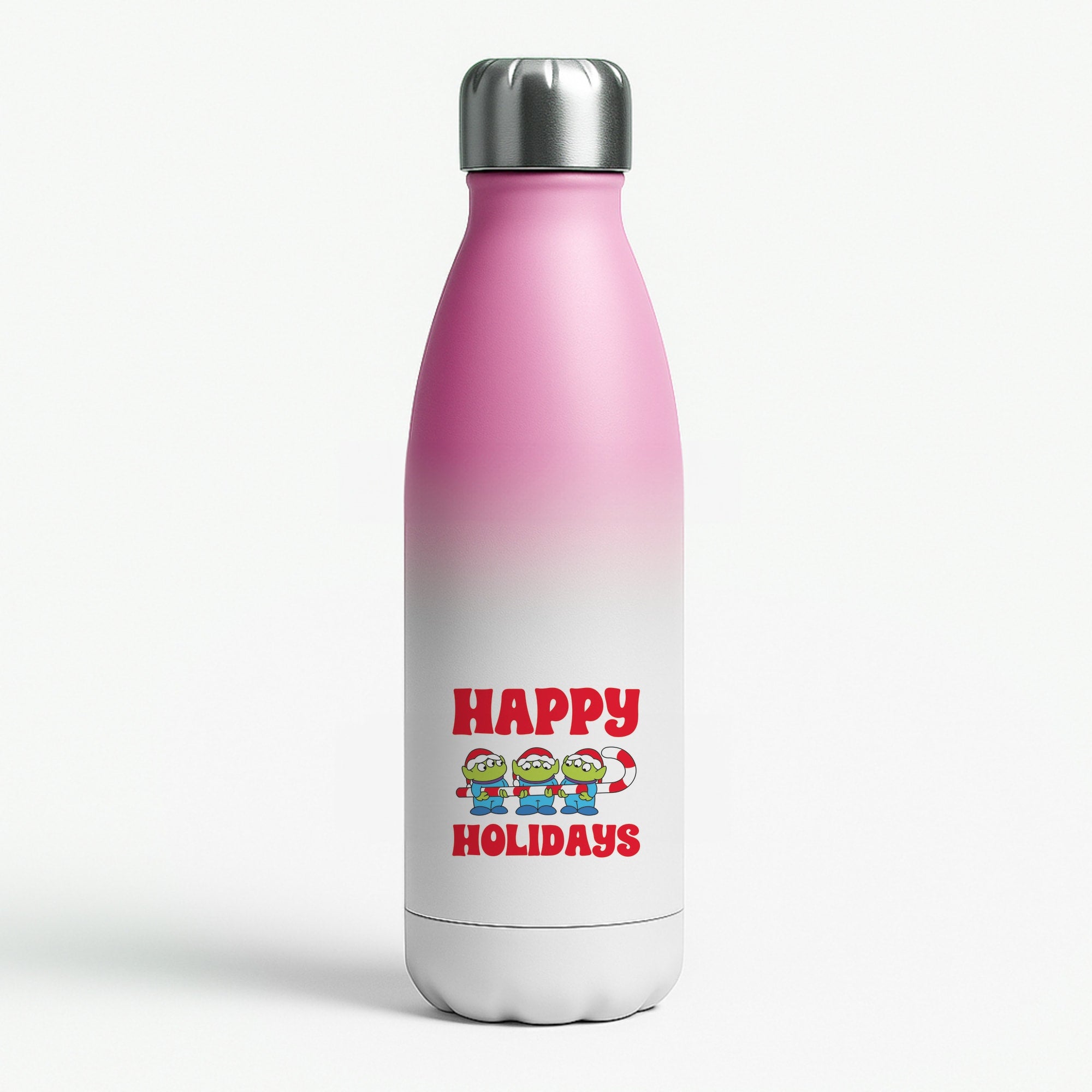 Happy Holidays Cute Green Aliens Pink Water Bottle