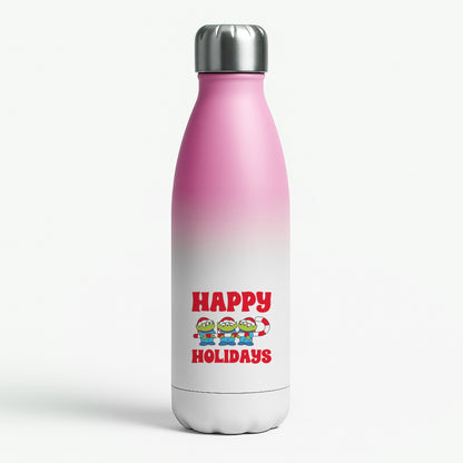 Happy Holidays Cute Green Aliens Pink Water Bottle