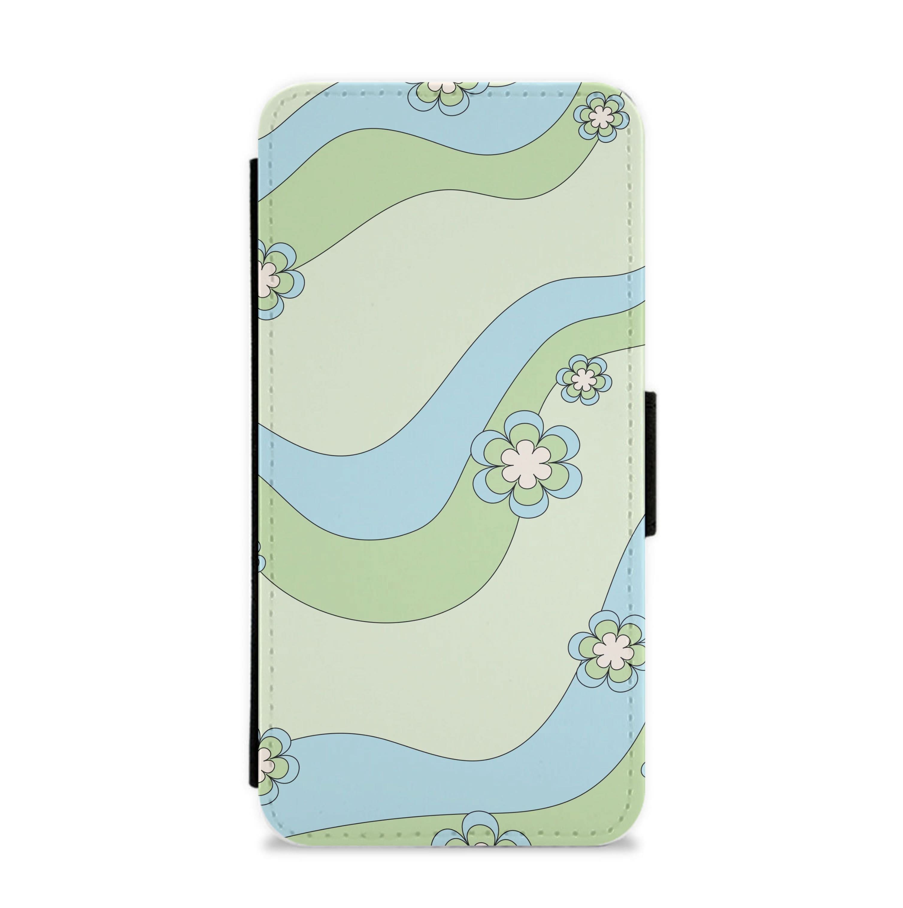 Waves And Flowers Green Retro Pattern Flip / Wallet Phone Case