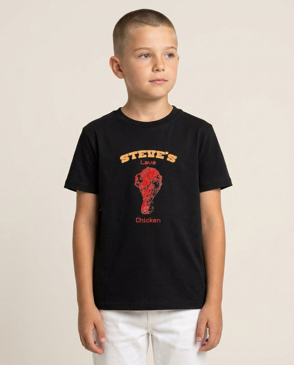 Steve's Lava Chicken Kids T-Shirt — Black Front, worn