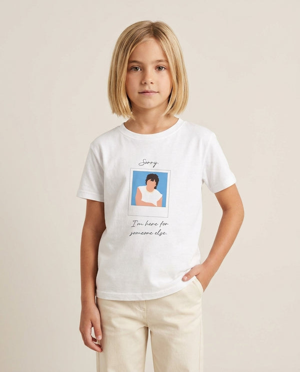 Sorry, I'm Here For Someone Else Kids T-Shirt — White Front, worn