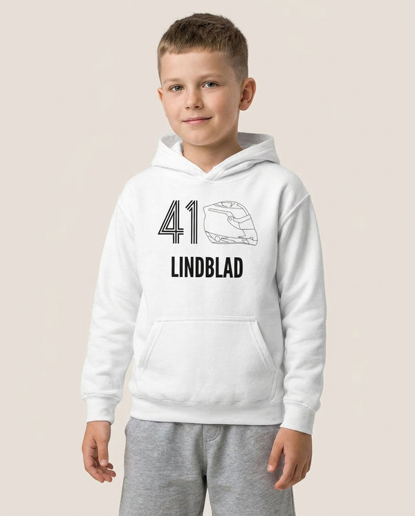 Lindblad Helmet 2026 Kids Hoodie — White Front, worn