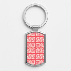 Square Abstract Flowers Pink Silver Metal Keyring