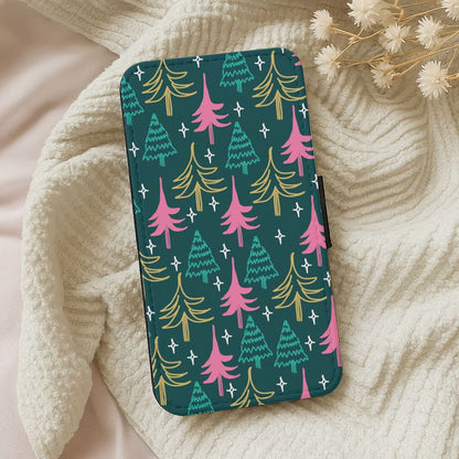 Colourful Sketched Christmas Trees Pattern Leather Phone Case