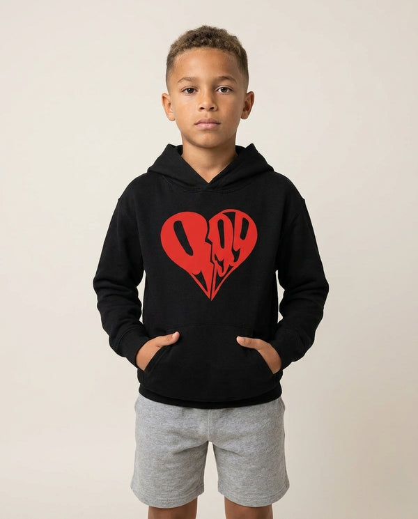 Heart - Juice Kids Hoodie — Black Front, worn