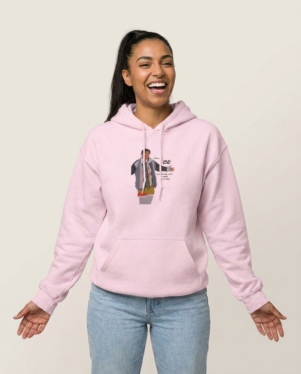 Could I Be Wearing Any More Clothes Hoodie — Pink Front, worn