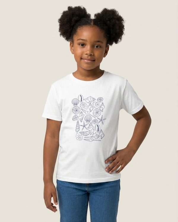 Sea Shells - Clean Girl Aesthetic Kids T-Shirt — White Front, worn