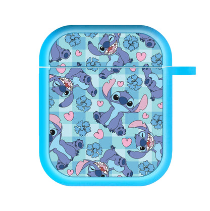 Blue Alien And Hearts Pattern AirPods Case