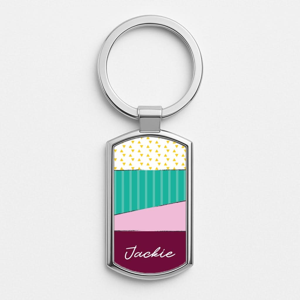 Geometric Patterns Personalised Name Silver Metal Keyring