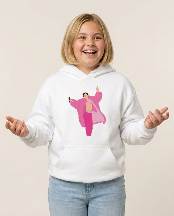 Harry Pink Coat  Kids Hoodie — White Front, worn